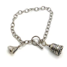 Vintage Sterling Signed WTJ Bell and Kisses Dangle Charm Chain Bracelet size 7