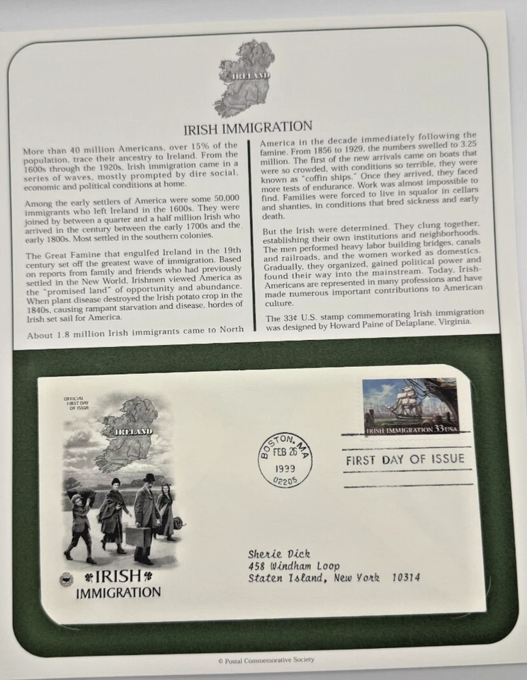 Irish Immigration 1999 Stamp / First day Of Issue - Image 2 of 2