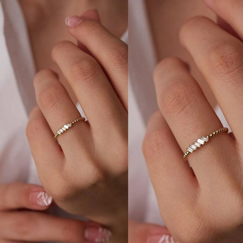 Baguette Bead Ring Diamond Gemstone 14k Solid Gold 0.16ct Baguette Cluster Bead  - Image 3 of 3