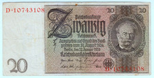 1929 Germany 20 Reichsmark 10743108 Reichbanknote Paper Money Banknotes