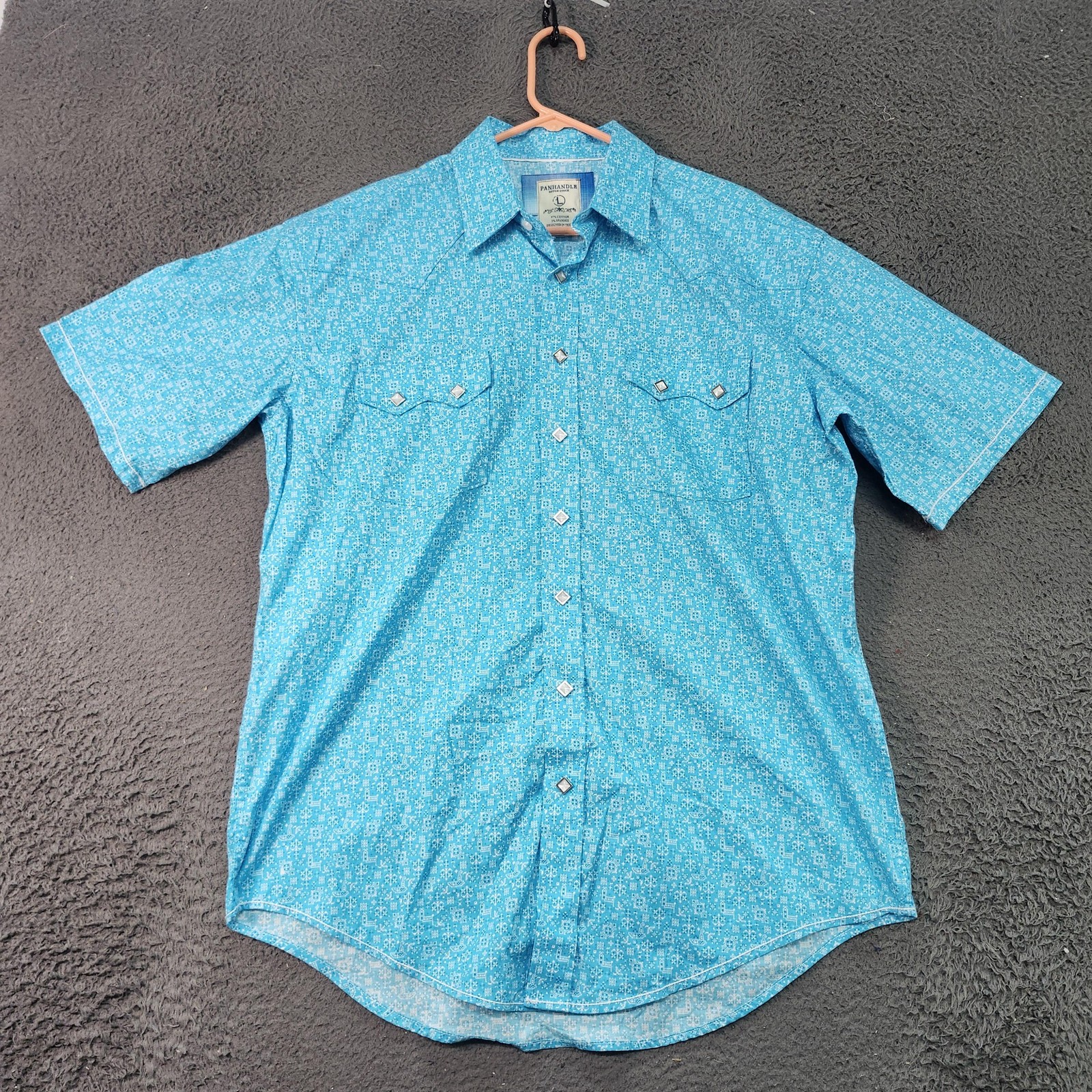 Panhandle Slim Shirt Mens Large Blue Geometric Pearl Snap Western Short Sleeve