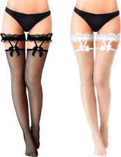 2 Pairs Thigh High Fishnet Stockings Lace Bow Suspenders Small Black, White