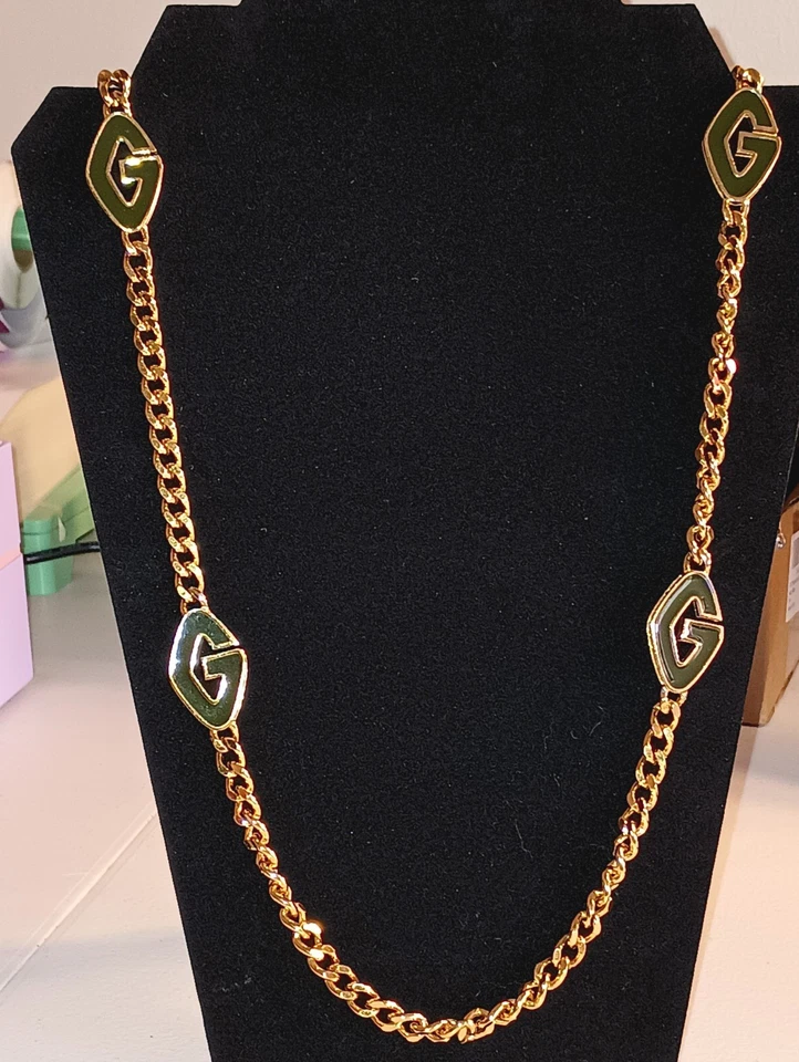 Vintage Givenchy dark green Enameled Logo Gold Plated Station Necklace - Image 2 of 4
