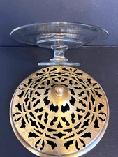 Elegant - Antique Glass Center Bowl - w/ Ornate Engraved Brass Reticulated Lid
