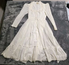 Vintage Gunne Sax Dress Womens White Buttons Embroidered Ruffles Z*