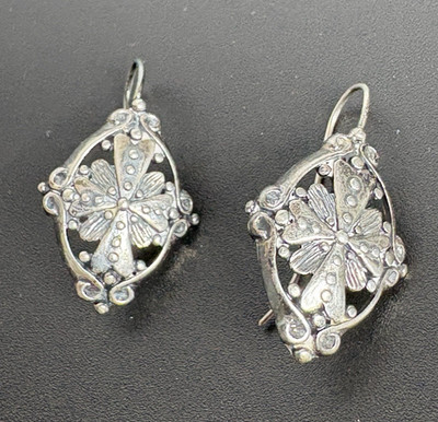 925 Sterling Silver Ornate Floral Boho Artisan Dangle Earrings 1'' Vintage