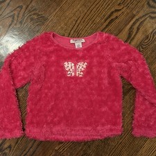 Girls~CUPIDS CUP~Pink Fuzzy Sweater~Sequin Butterfly~Size Large 6X~EUC~SKU010