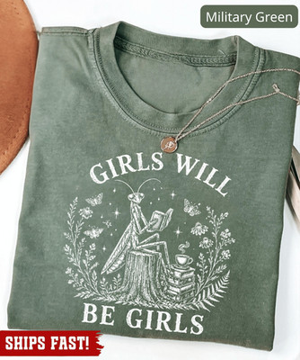 Girls Will Be Girls Praying Mantis Reading Shirt, Cottagecore Bug Lover Nature S