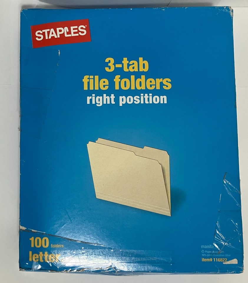 Staplets File Staples 116822 Manila File Folders, Letter, 3-Tab, Right Position, 100 ...