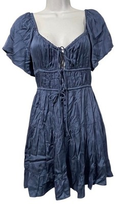 Olivaceous Womens Mini Dress Blue Satiny Tie Front Milkmaid Tiered Sexy Sz S