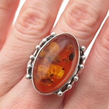 925 Sterling Silver Vintage Real Amber Modernist Oxidized Ring Size 6.75