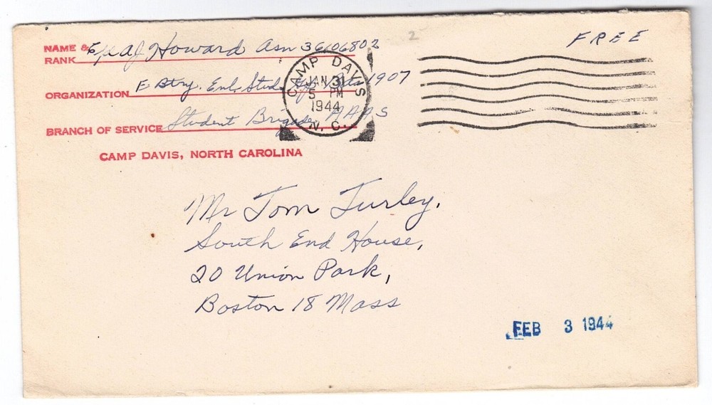 1944 WWII US Soldier's Mail from Camp Davis NC to Boston  