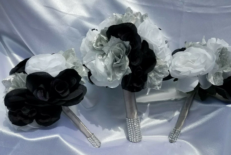 Juego de ramo de boda 23 piezas negro, plateado y blanco, paquete con plata y pedrería Foto 4 de 4