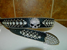 New Black Leather Studded Belt with Skull and Crystal Detailing Size S-M-L Y2K