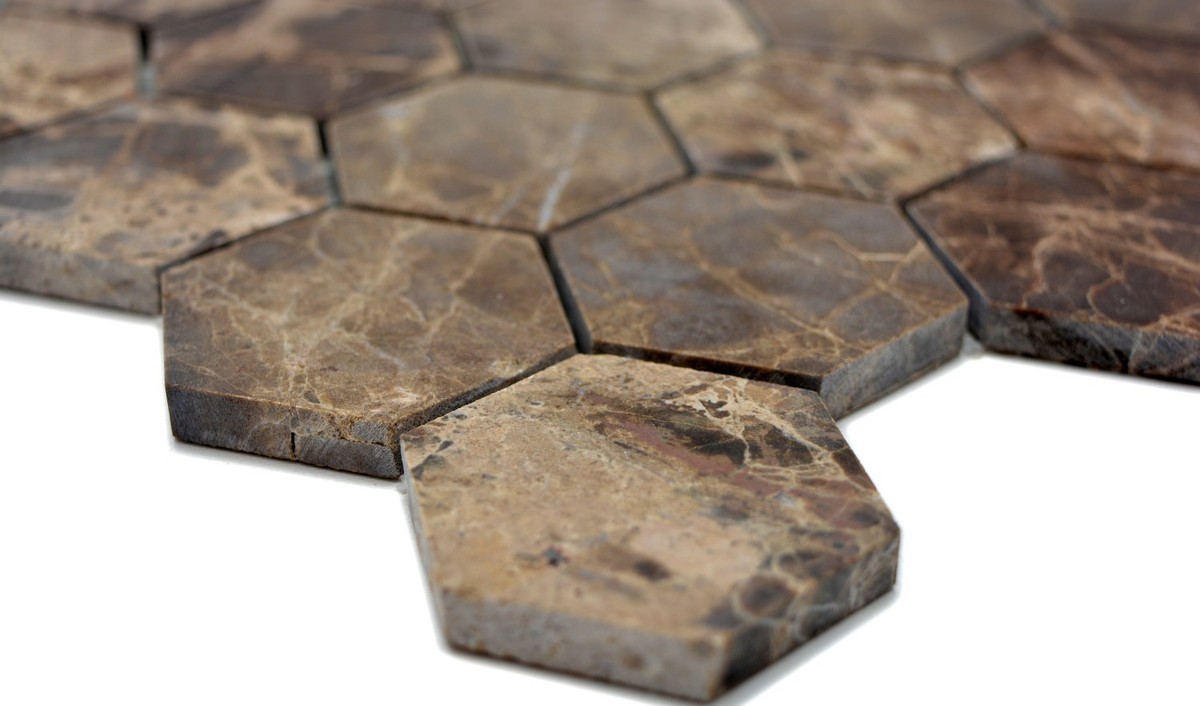 Mosaïque Marbre Braun – Pierre Naturelle, 10 Mattes, Hexagonal, 48 Mm, Salle De Bain