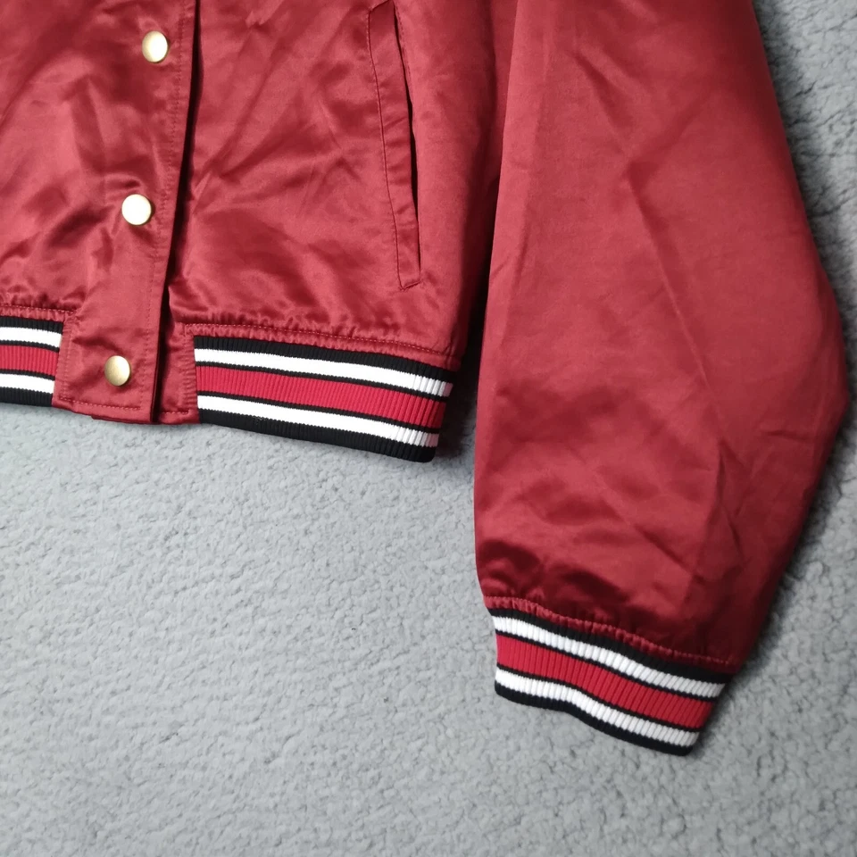 True Religion Red Dahlia Satin Gold Womens Varsity Bomber Jacket Medium - Image 3 of 4