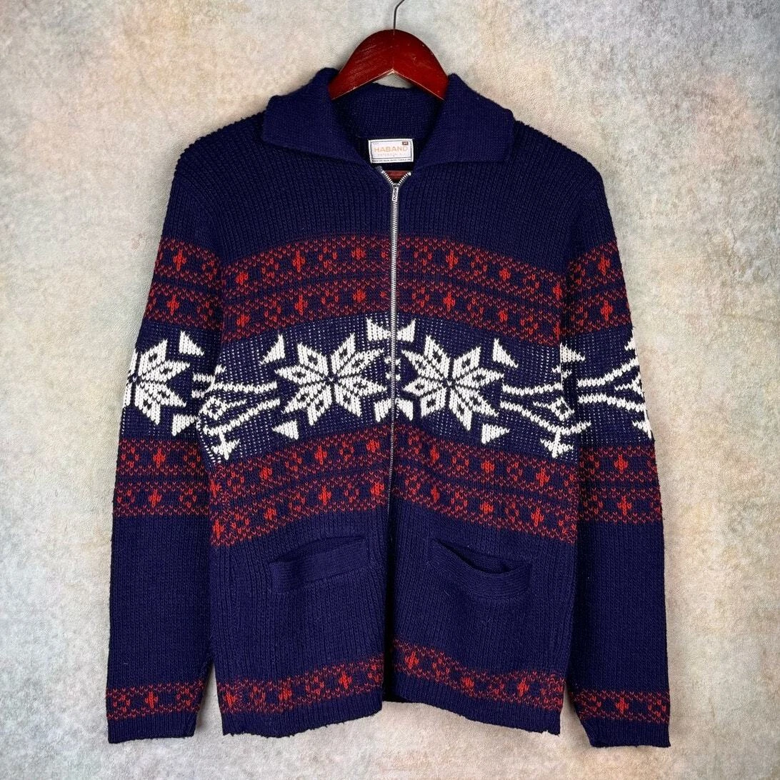 VTG 80s Knit Full Zip Jacket Sz M Navy Blue Red Winter Geometric Print Sweater
