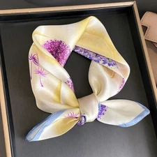 100% Silk Scarf Women Purple Dandelion Kerchief Small Bandana Headband 53*53cm