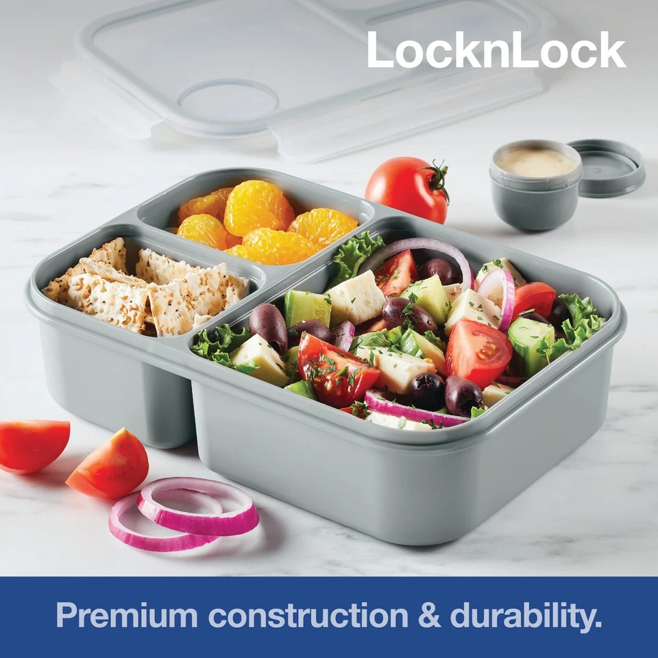 LOCK LOCK 3-Compartment Divided Lunch Box, Sauce Cup, 50.7-Ounce, Gray - Image 4 of 4