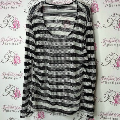 Tripp NYC long sleeve mesh fish net Black and White Striped Blouse swoop neck