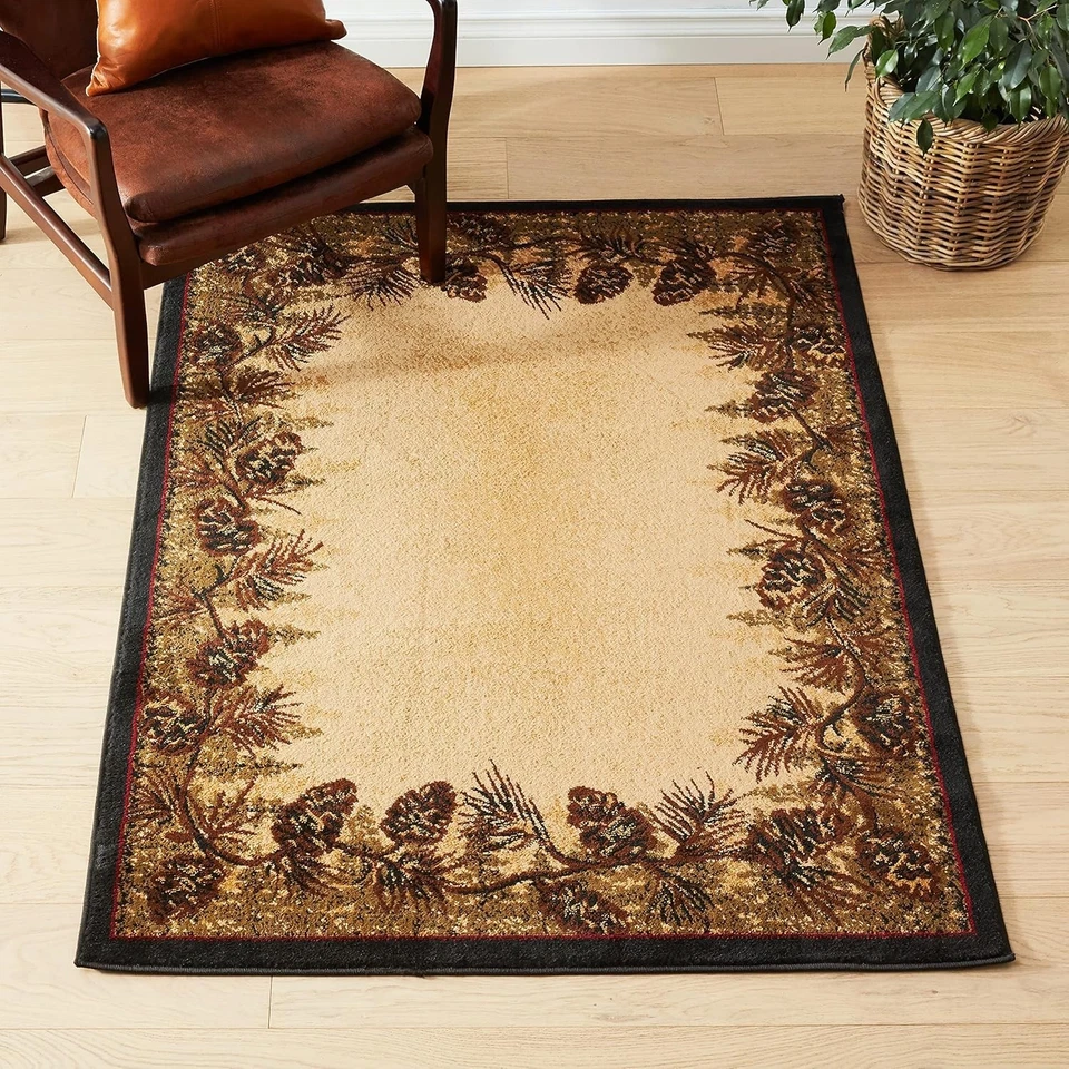 Tapete de área de borda de pinha Rustic Lodge, 3'11'' x 5'3'' - Berloque resistente a manchas - Imagem 4 de 4