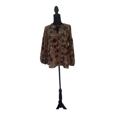 Grades & Gather Small NWOT Earthy Floral Print Blouse 3/4 Sleeve Tie Neck