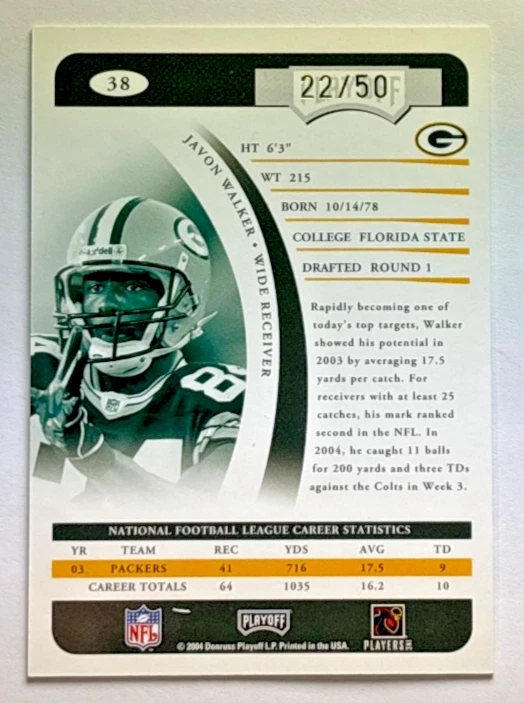 Javon Walker 2004 Prime Signatures Bronze Proof #'d /50 Green Bay Packers #38 - Image 2 of 3