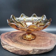 Vintage L.E. Smith 9-Petal Amber Glass Compote Ruffled Pedestal Bowl 7.5"