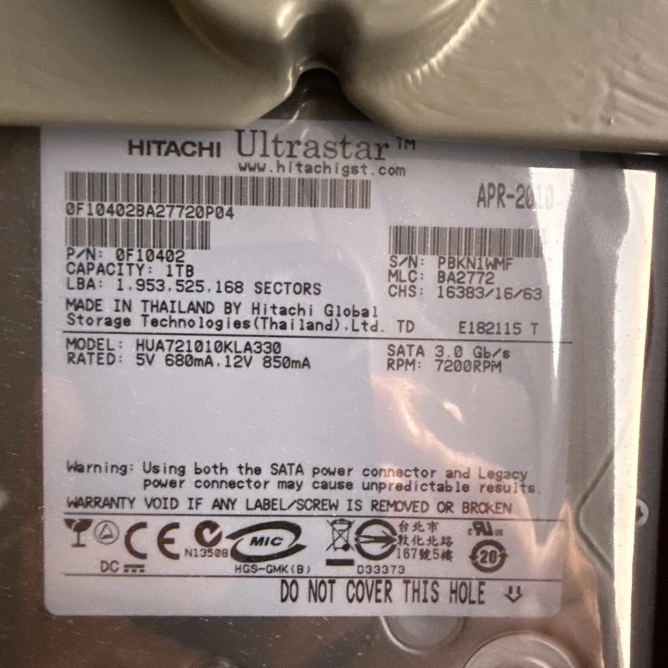 Hitachi HUA721010KLA330 0A36073 BA2526 Thailand 1.0TB Sata 3.5" HDD 2008 - Image 3 of 3