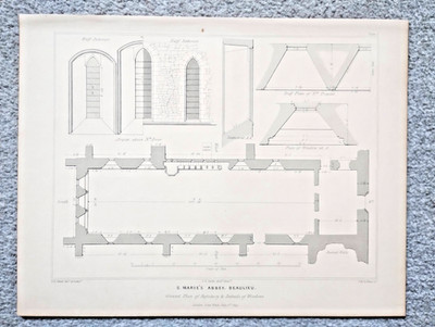 Refektorium Grundriss der Abteikirche Beaulieu - antiker Druck - 1844 (Ref B3)