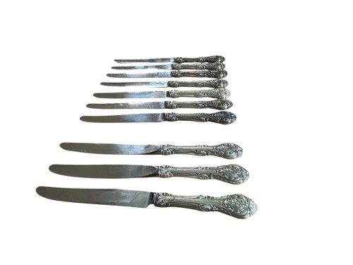 King Edward Gorham Sterling Silver Dinner Luncheon Knife Set 10 Lg 8 7/8” & 9”