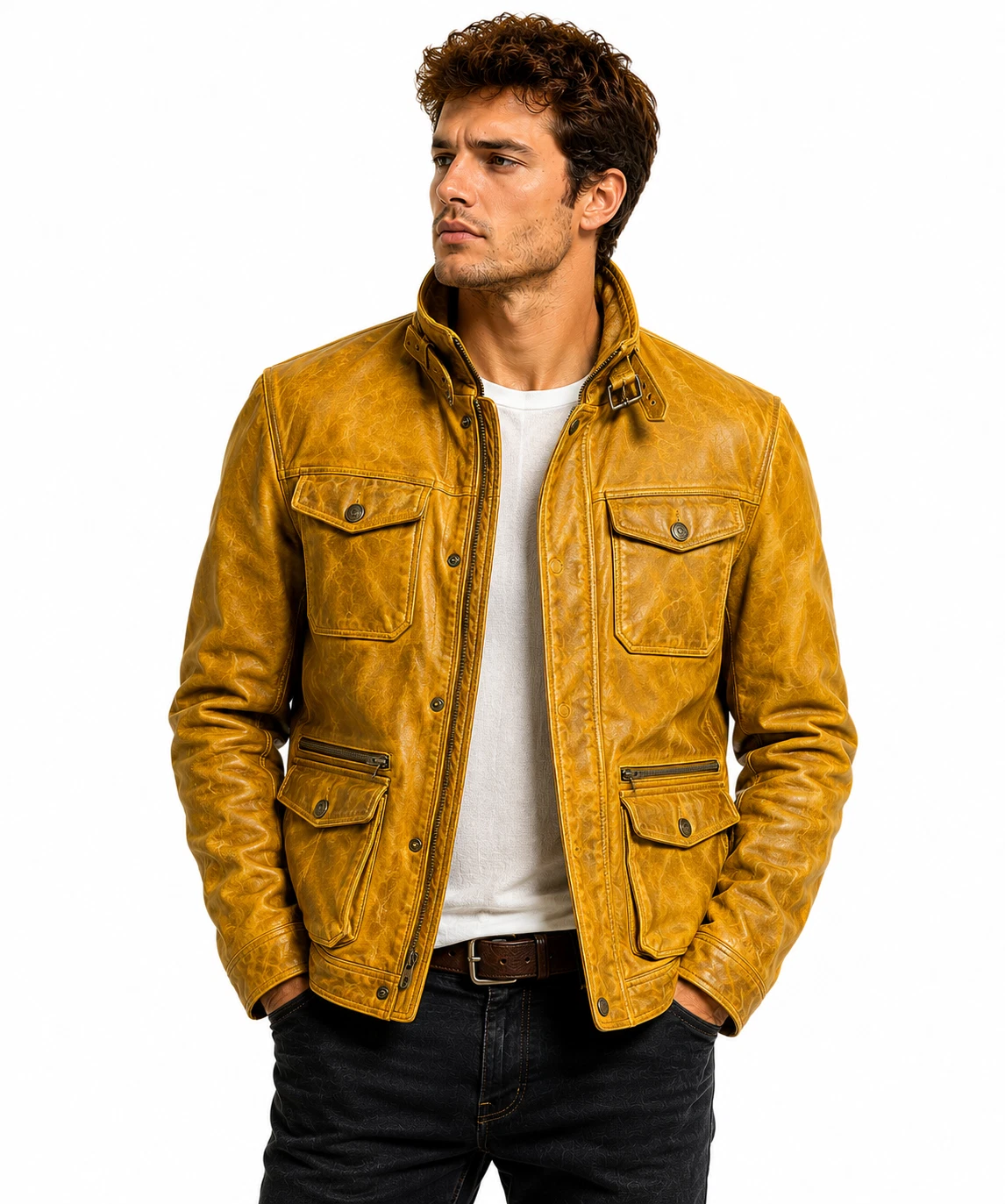 Men's Yellow Distressed Six Pockets Genuine Sheepskin Leather Jacket. Gift Him