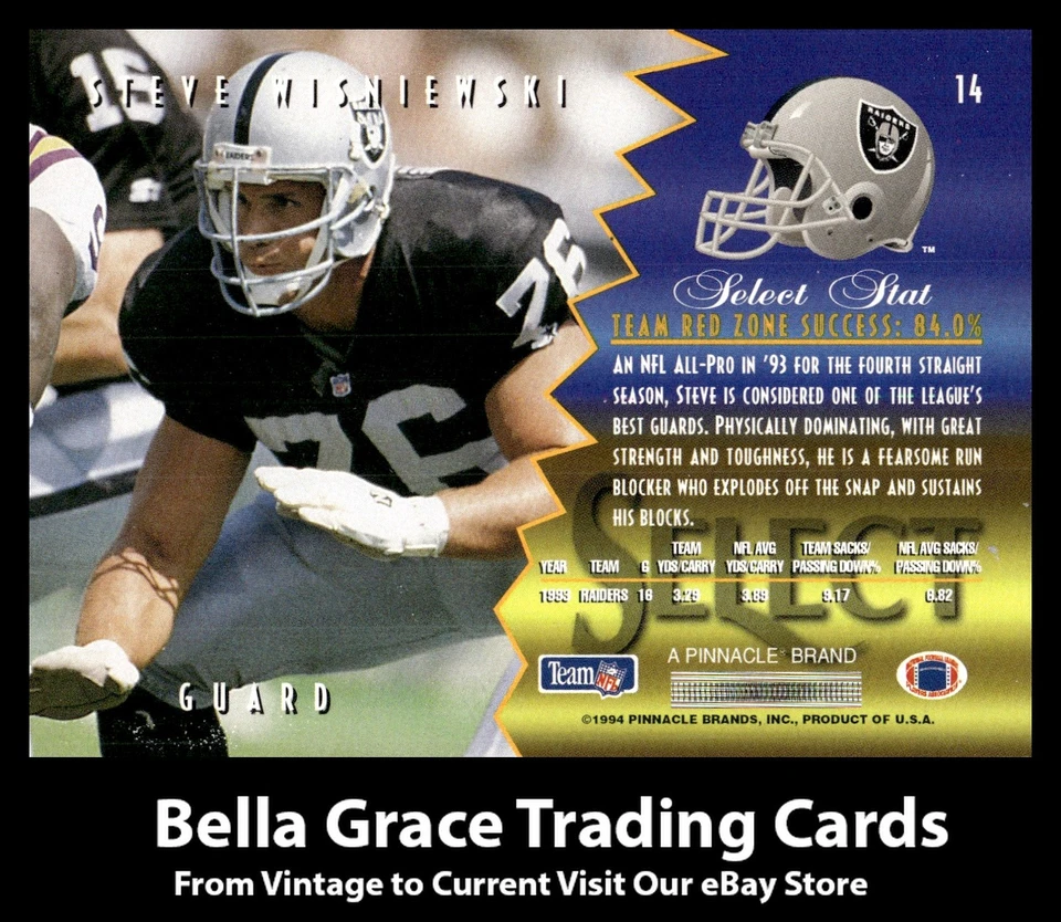 1994 Panini Select Steve Wisniewski #14 Los Angeles Raiders NFL Football - Image 2 of 2