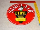 VINTAGE 1952 SINCLAIR ETHYL GASOLINE+ DINOSAUR 11 3/4"" PORCELAIN METAL OIL SIGN
