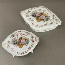 Lipper & Mann (L&M) Vintage Pair Bristol Garden Porcelain Trinket Dishes w/Lids