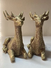 Gold Tone Deer Statue Fireplace Mantel Decor Pair