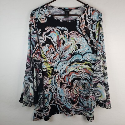 Ali Miles Blouse Women's Size Medium Floral Long Flare Split Sheer Sleeve Top
