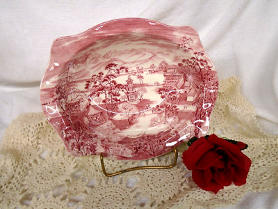Johnson Brothers Pink Enchanted Garden 9'' Oval Rim Vegetable Bowl England Disc