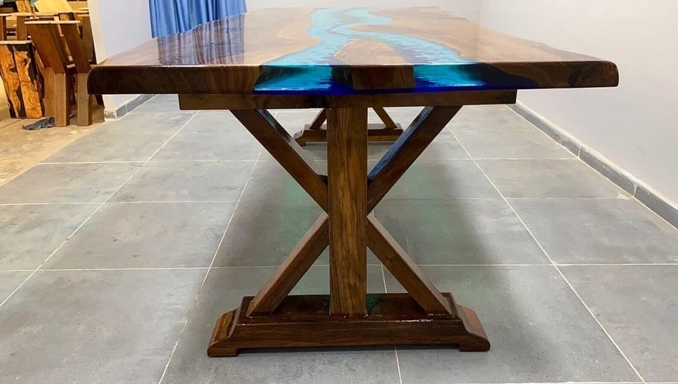 Mesa de comedor epoxi de madera de nogal y azul turquesa verde - Mesa de resina hecha a mano Foto 4 de 4