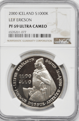 2000 Iceland 1000K Thousand Kronur Silver Leaf Ericson Commemorative NGC PF69UC
