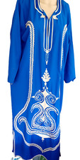 India Embroidered Long Caftan Dress Sz M Royal Blue White embroidery Boho NWOT