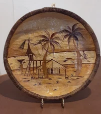 Malawi Straw Hanging Plate Hut Palms Man Paddling Woman With Basket