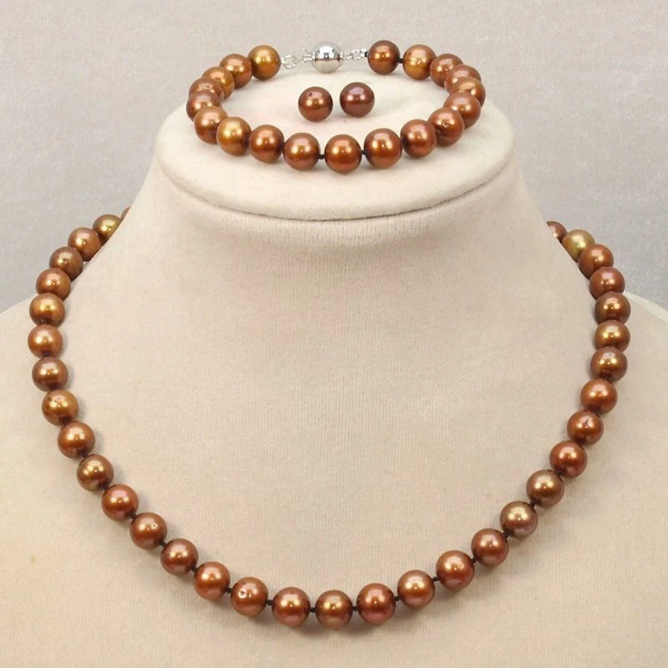 7-8mm Genuine Natural Freshwater Coffee Pearl Necklace Bracelet Earrings Set - Image 4 of 4
