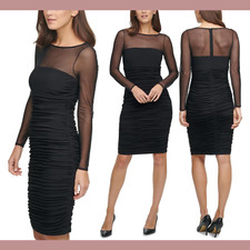 NEW ELiza J [ 2 ] Ruched Long Sleeve Illusion Mesh Cocktail Dress in Black #Q183