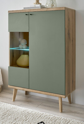 Highboard Vitrine Schrank Eiche Möbel skandinavisch Kommode Salbei Juna 134 cm