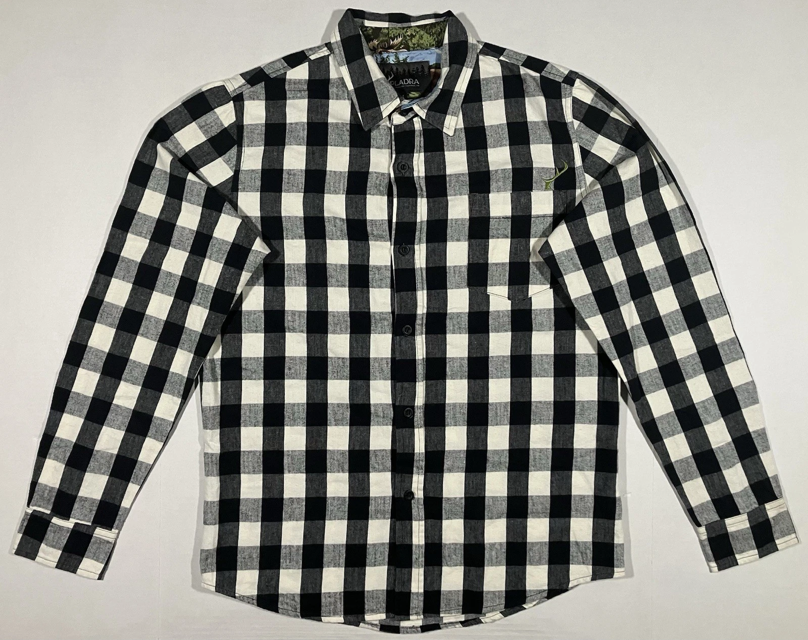 Pladra Flannel Shirt Mens Medium Black Gray Moose Plaid Outdoor Casual Flip Cuff