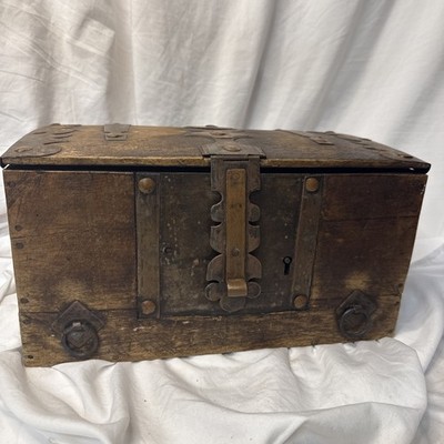 Antique Primitive Iron Bound Wooden Strongbox Chest Trunk Rustic Gothic Medieval