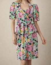 JT Petites Dress Vintage 80's Pink Floral Ruffle Wiggle Party Women's 10 Medium