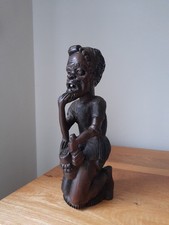 Vintage African Tribal Carved Wood Kneeling Man Sculpture 31cm