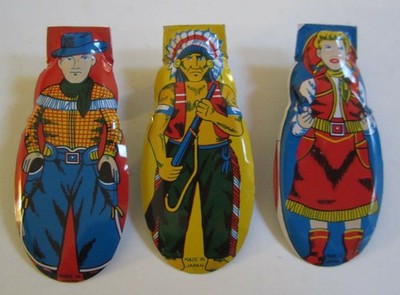 c1950s Set of 3 Diff WESTERN CLICKERS Cowboy, Cowgirl, Indian Tin Metal Cricket